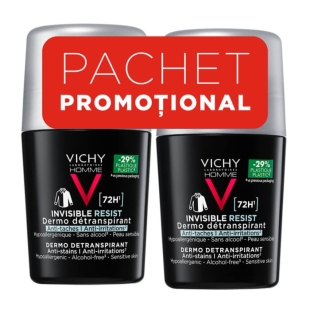 Pachet Deodorant roll-on Homme Invisible Resist 72h, 50 ml + 50 ml, Vichy