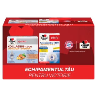 Pachet Kollagen 11.000 Curcuma si ghimbir System, 30 flacoane + Glucozamina 1200 + Vitamina C+D+E+K, 30compr, Doppelherz