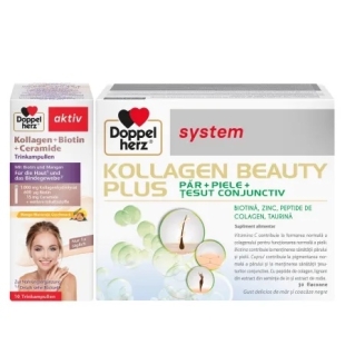 Pachet System Kollagen Beauty Plus, 30 flacoane + Aktiv Kollagen + Biotina + Ceramide, 25 ml, 10 flacoane, Doppelherz