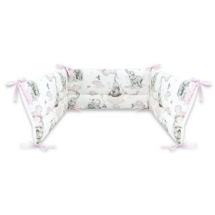 Qmini - Aparatoare pentru patut 140X70 cm, Din bumbac certificat Oeko Tex Standard 100, 210x30 cm, Cu panglici, Elephants on Rainbow Pink