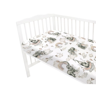 Qmini - Cearceaf cu elastic pentru patut 140x70 cm, Din bumbac, Elephants on Rainbow