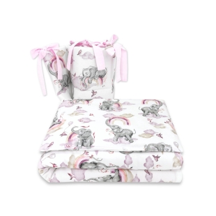 Lenjerie patut 3 piese, Cu protectie laterala, Din bumbac certificat Oeko Tex Standard 100, Pentru patut 120x60 cm, Elephants on Rainbow Pink, Qmini