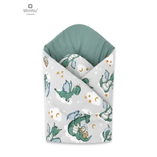 Paturica de infasat cu doua fete, Cu multiple utilizari, Cu inchidere arici velcro, Dimensiune 75x75 cm, Din bumbac certificat Oeko Tex Standard 100, Dragons Gray, Qmini