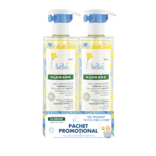 Pachet Gel spumant delicat pentru par si corp, 500 ml + 500 ml, Klorane Bebe