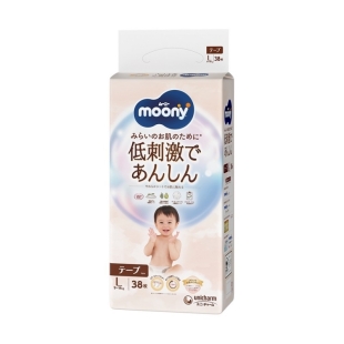 Scutece pentru copii Moony White marime L, 9-14 kg, 38 bucati, Unicharm