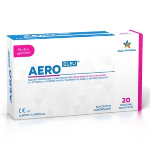 AeroBleu solutie pentru nebulizare pe baza de apa de mare si acid hialuronic 5 ml, 20 fiole, Bleu Pharma