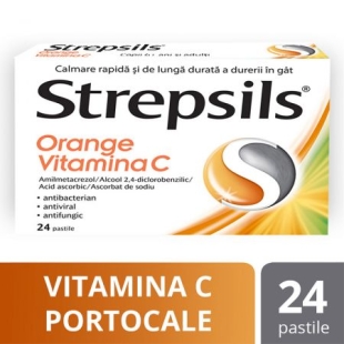 Strepsils Orange Vitamina C, 24 pastile, Reckitt Benckiser