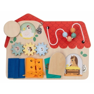 Tablita cu activitati din lemn, cu elemente interactive, dezvolta coordonarea mana-ochi, 40x30x6,5 cm, 18 luni+, Multicolor, Free2Play