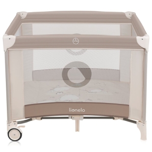 Tarc de joaca copii, Lionelo, Bonnie, Pana la 15 kg, 100 x 100 cm, Pliere compacta, Include geanta de transport, Din plasa, Cu intrare laterala cu fermoar, Cu roti, Cu salteluta din spuma, Conform cu EN12227, Bej