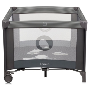 Tarc de joaca copii, Lionelo, Bonnie, Pana la 15 kg, 100 x 100 cm, Pliere compacta, Include geanta de transport, Din plasa, Cu intrare laterala cu fermoar, Cu roti, Cu salteluta din spuma, Conform cu EN12227, Gri inchis