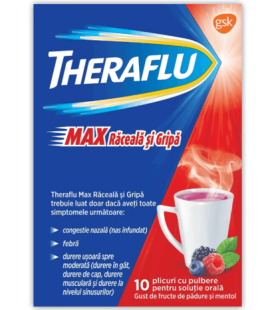 Theraflu Max Raceala si Gripa, 1000 mg/10 mg/70 mg pulbere pentru solutie orala, 10 plicuri, GSK (Haleon)