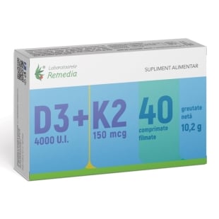 Vitamina D3 4000 UI + Vitamina K2 150 mcg, 40 comprimate, Remedia