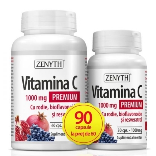 Pachet Vitamina C Premium cu rodie 1000mg 90caps (60caps+30caps) , Zenyth
