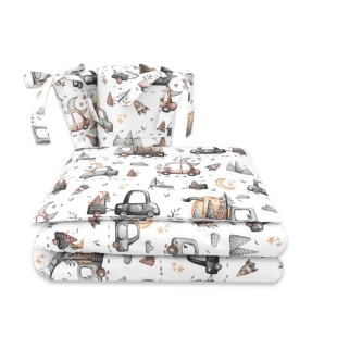 Lenjerie patut cu 3 piese, MimiNu, Pentru patut 120x60 cm, Cu protectie laterala, Din bumbac certificat Oeko Tex Standard 100, Design, Cars Grey
