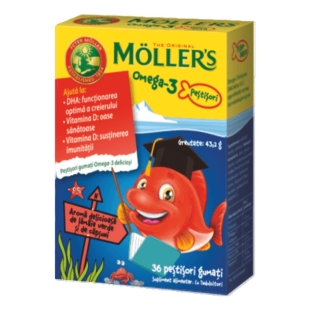 Pestisori gumati cu Omega-3 aroma de lamaie verde si capsuni, 36 jeleuri, Moller's