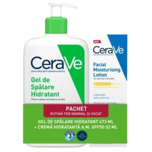 Pachet Gel de spalare hidratant piele normal-uscata, 473 ml + Crema hidratanta SPF 50 ten normal-uscat, 52 ml, Cerave