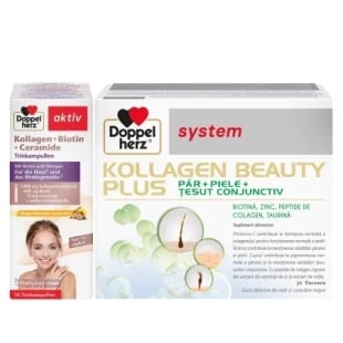 Pachet System Kollagen Beauty Plus, 30 flacoane + Aktiv Kollagen + Biotina + Ceramide, 25 ml, 10 flacoane, Doppelherz