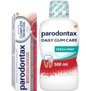 Pachet Pasta de dinti, Complete Protection Whitening, 75 ml si Apa de gura fara alcool Daily Gum Care, Fresh Mint, 500 ml, Parodontax