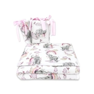 Lenjerie patut 3 piese, Cu protectie laterala, Din bumbac certificat Oeko Tex Standard 100, Pentru patut 140x70 cm, Elephants on Rainbow Pink, Qmini
