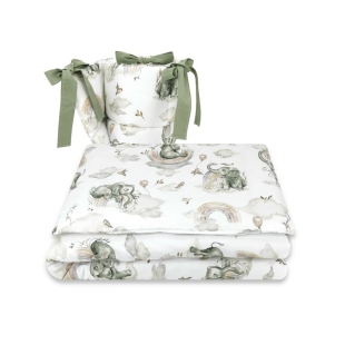 Lenjerie patut 3 piese, Cu protectie laterala, Din bumbac, Pentru patut 140x70 cm, Elephants on Rainbow, Qmini