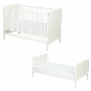 Qmini - Patut din lemn Julia 120x60 cm, multifunctional, Alb + Saltea 8 cm