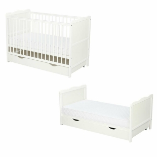 Qmini - Patut din lemn Julia 120x60 cm, multifunctional, cu sertar, Alb + Saltea 10 cm