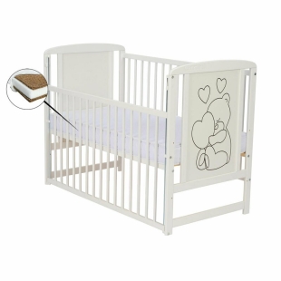 Qmini- Patut din lemn Timmi Heart 120x60 cm, Cu laterala culisanta, Din lemn de pin, MDF, Somiera reglabila, Alb + Saltea 10 cm