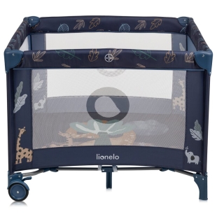 Tarc de joaca copii, Lionelo, Bonnie, Pana la 15 kg, 100 x 100 cm, Pliere compacta, Include geanta de transport, Din plasa, Cu intrare laterala cu fermoar, Cu roti, Cu salteluta din spuma, Conform cu EN12227, Albastru