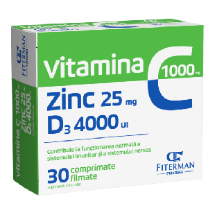 Vitamina C 1000 mg + Zn 25 mg + D3 4000UI, 30 comprimate filmate, Fiterman