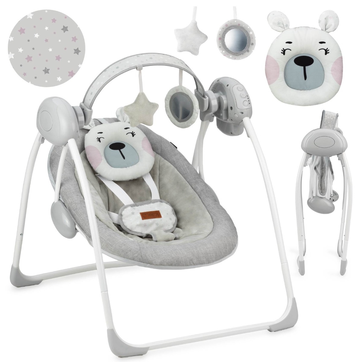 Leagan pentru bebelusi, MoMi LISS Bear Pink, 5 viteze de balansare, Cronometru, Alimentare baterii, 8 melodii, 2 jucarii incluse, Centura in 5 puncte Leagan pentru bebelusi, MoMi LISS Bear Pink, 5 viteze de balansare, Cronometru, Alimentare baterii, 8 melodii, 2 jucarii incluse, Centura in 5 puncte