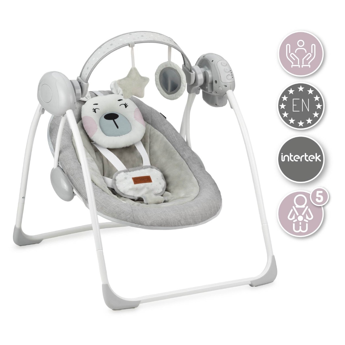 Leagan pentru bebelusi, MoMi LISS Bear Pink, 5 viteze de balansare, Cronometru, Alimentare baterii, 8 melodii, 2 jucarii incluse, Centura in 5 puncte Leagan pentru bebelusi, MoMi LISS Bear Pink, 5 viteze de balansare, Cronometru, Alimentare baterii, 8 melodii, 2 jucarii incluse, Centura in 5 puncte