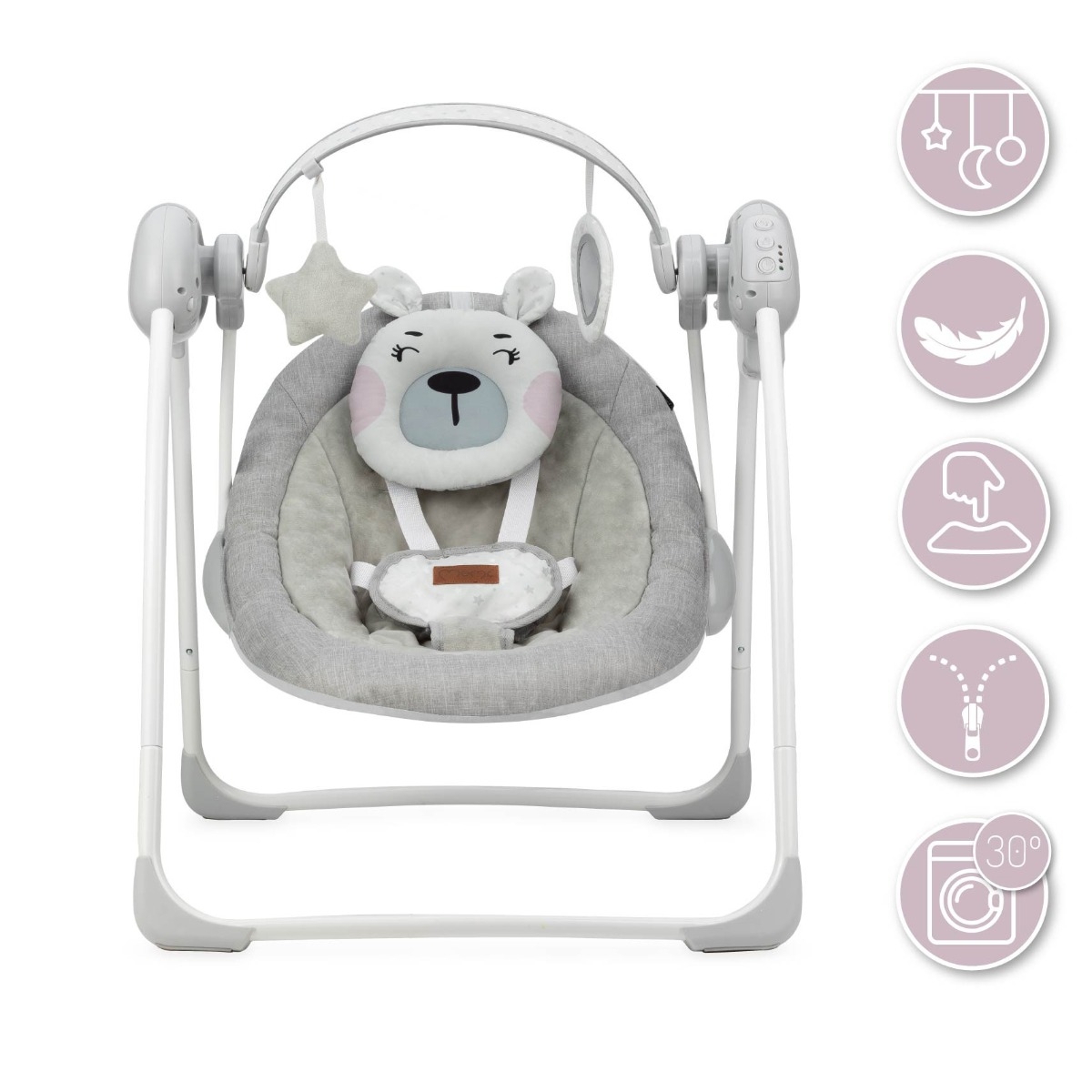 Leagan pentru bebelusi, MoMi LISS Bear Pink, 5 viteze de balansare, Cronometru, Alimentare baterii, 8 melodii, 2 jucarii incluse, Centura in 5 puncte Leagan pentru bebelusi, MoMi LISS Bear Pink, 5 viteze de balansare, Cronometru, Alimentare baterii, 8 melodii, 2 jucarii incluse, Centura in 5 puncte