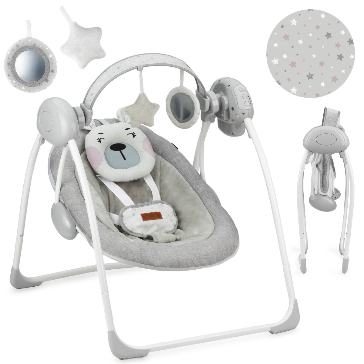 Leagan pentru bebelusi, MoMi LISS Bear Pink, 5 viteze de balansare, Cronometru, Alimentare baterii, 8 melodii, 2 jucarii incluse, Centura in 5 puncte Leagan pentru bebelusi, MoMi LISS Bear Pink, 5 viteze de balansare, Cronometru, Alimentare baterii, 8 melodii, 2 jucarii incluse, Centura in 5 puncte