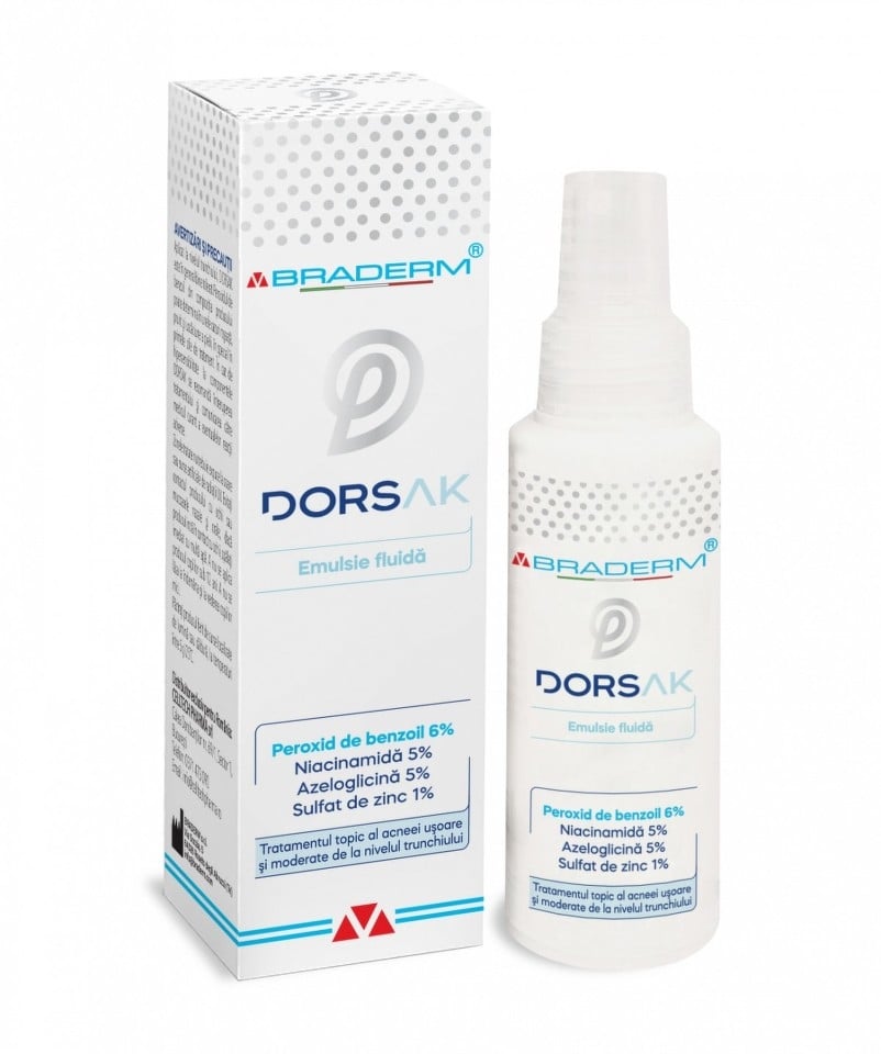 Dorsak spray cu emulsie fluida pentru acneea trunchiului, 100 ml, Braderm Dorsak spray cu emulsie fluida pentru acneea trunchiului, 100 ml, Braderm