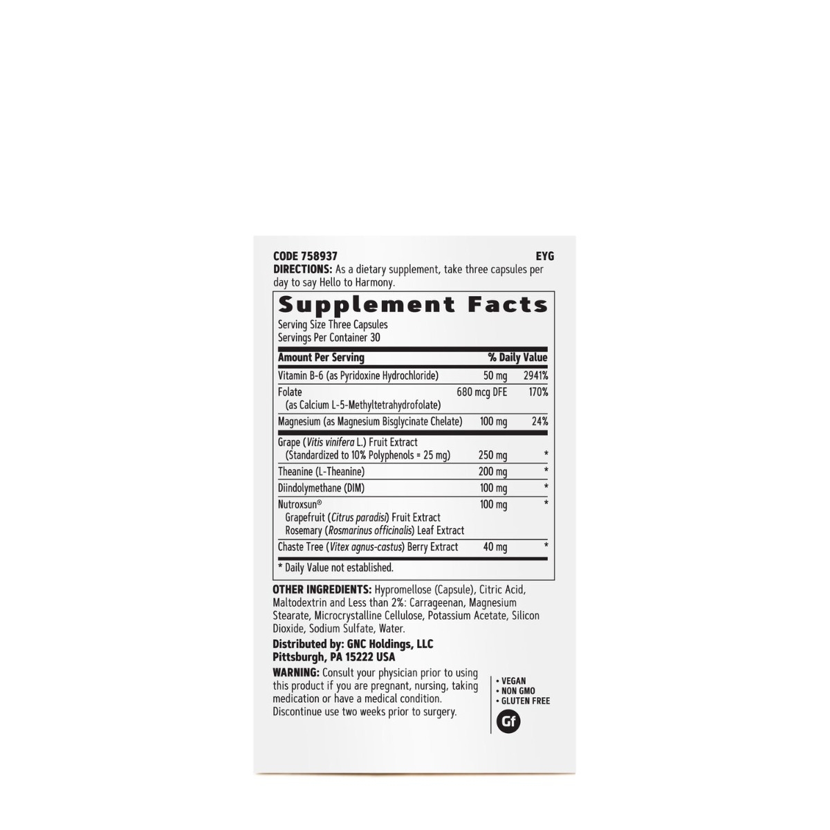 Formula pentru echilibrul hormonal, emotional si elasticitatea pielii femeilor Women`s Hello Harmony PMS, 90 capsule, GNC Formula pentru echilibrul hormonal, emotional si elasticitatea pielii femeilor Women`s Hello Harmony PMS, 90 capsule, GNC