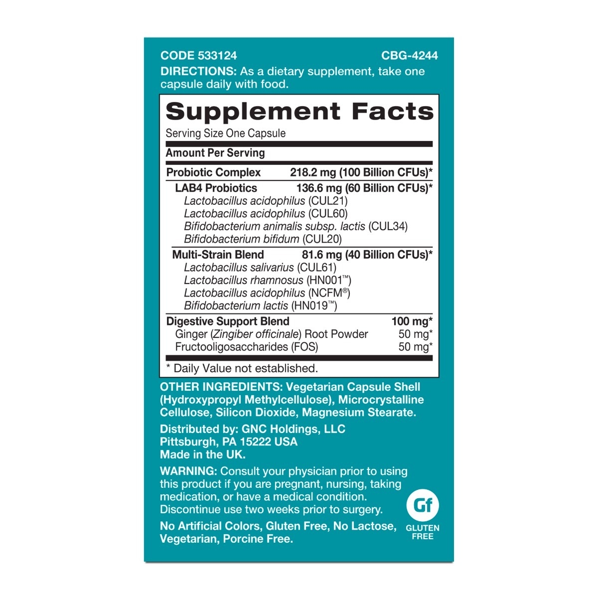 Probiotic Extra Strength Multi Strain 100 Billion CFUs, Probiotic LAB4® Studiat Clinic, 100 Miliarde Culturi Vii, 20 cps, Gut Health, GNC Probiotic Extra Strength Multi Strain 100 Billion CFUs, Probiotic LAB4® Studiat Clinic, 100 Miliarde Culturi Vii, 20 cps, Gut Health, GNC