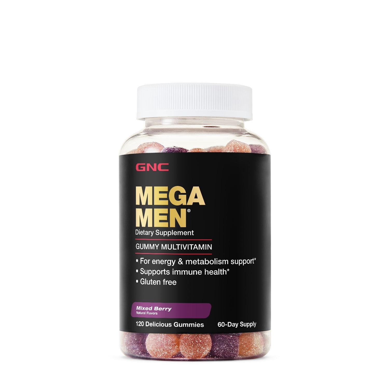 Multivitamine pentru barbati cu aroma naturala de fructe de padure Mega Men, 120 jeleuri, GNC Multivitamine pentru barbati cu aroma naturala de fructe de padure Mega Men, 120 jeleuri, GNC