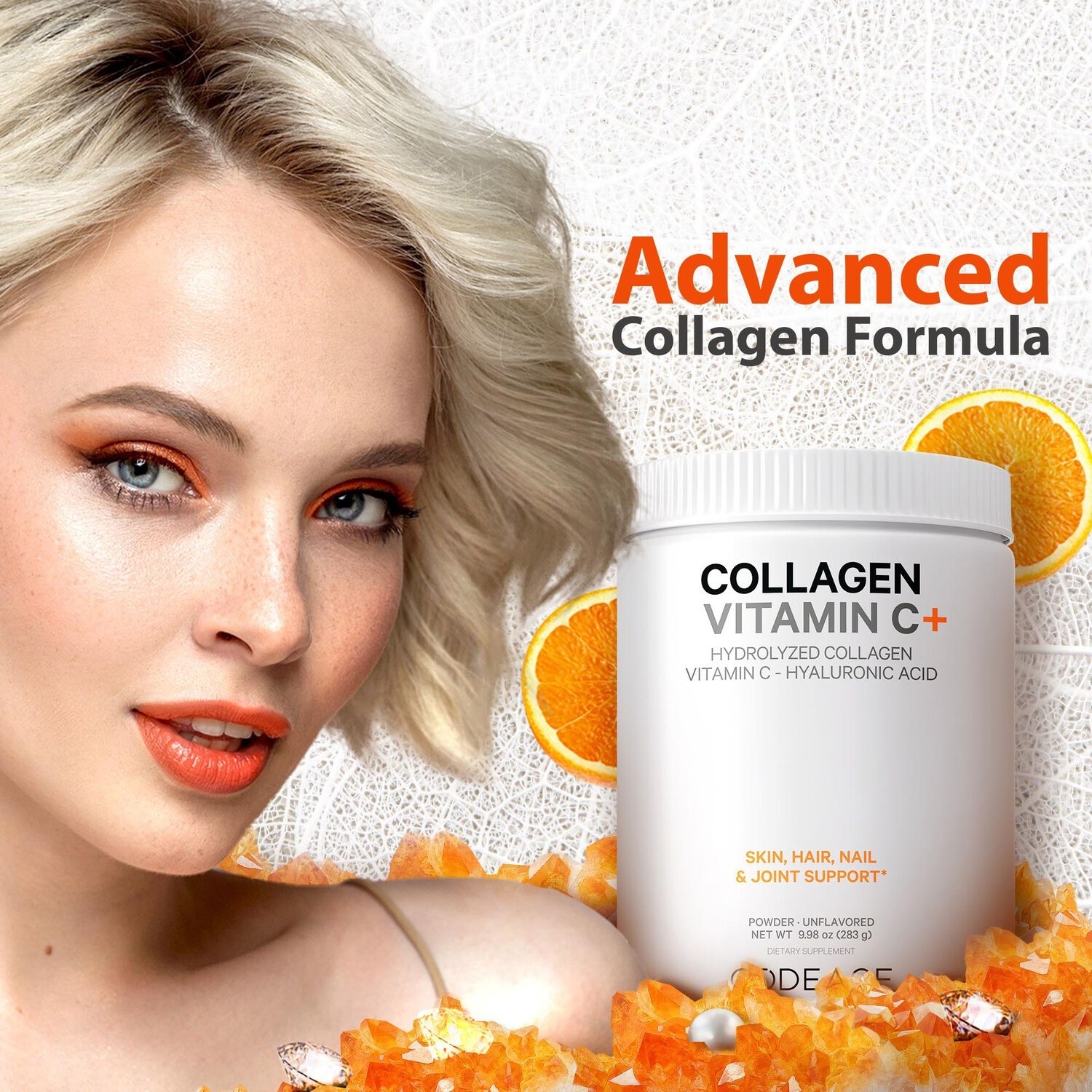 Colagen hidrolizat cu vitamina C si acid hialuronic, 283 g, Code Age Colagen hidrolizat cu vitamina C si acid hialuronic, 283 g, Code Age