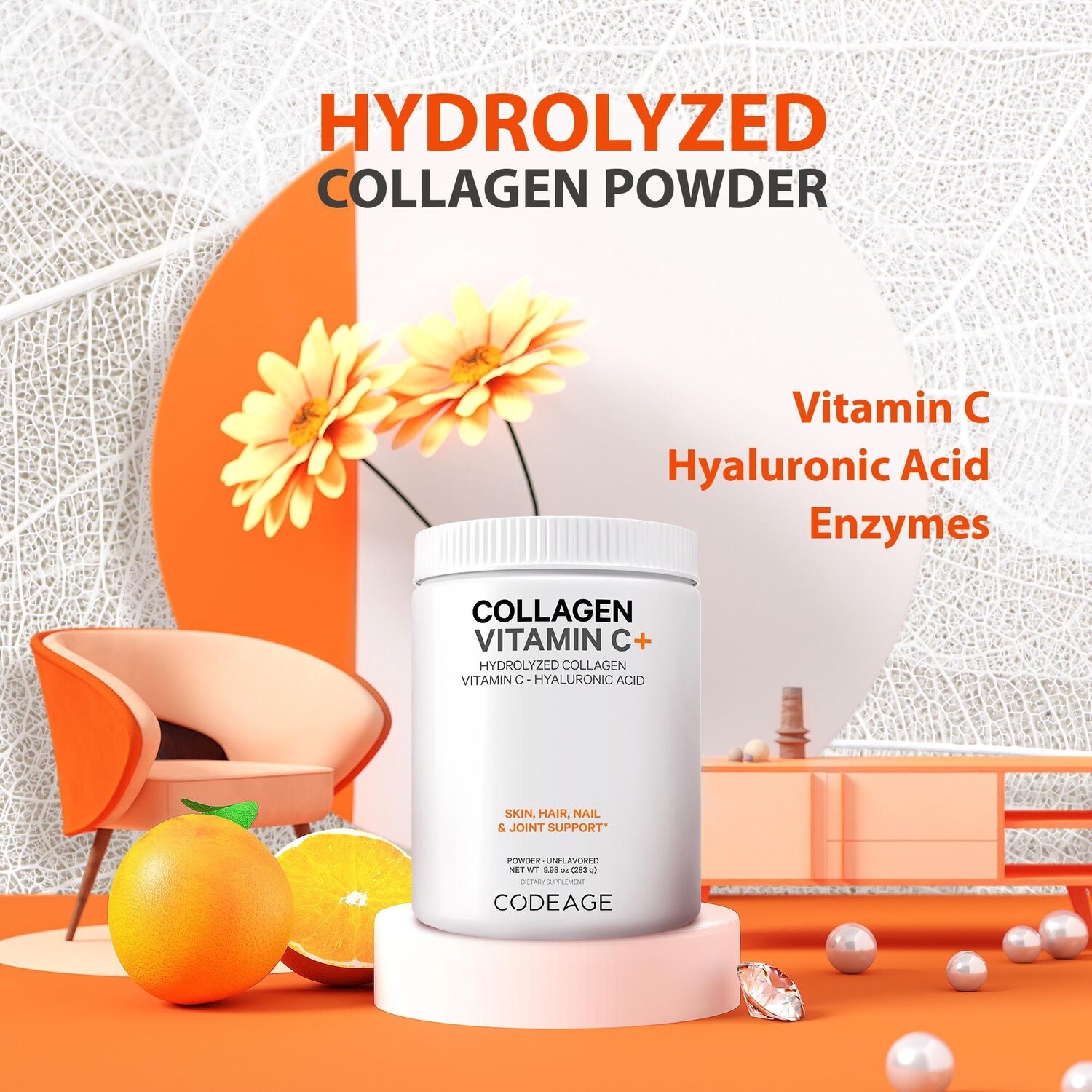 Colagen hidrolizat cu vitamina C si acid hialuronic, 283 g, Code Age Colagen hidrolizat cu vitamina C si acid hialuronic, 283 g, Code Age