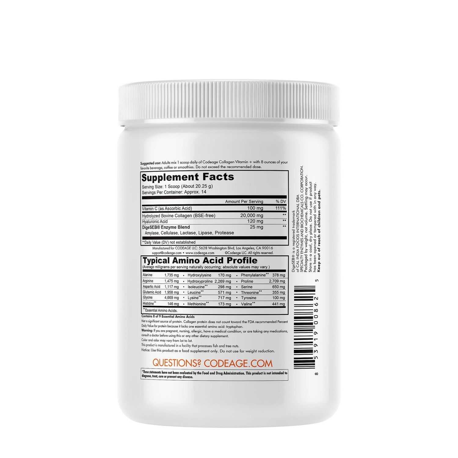 Colagen hidrolizat cu vitamina C si acid hialuronic, 283 g, Code Age Colagen hidrolizat cu vitamina C si acid hialuronic, 283 g, Code Age
