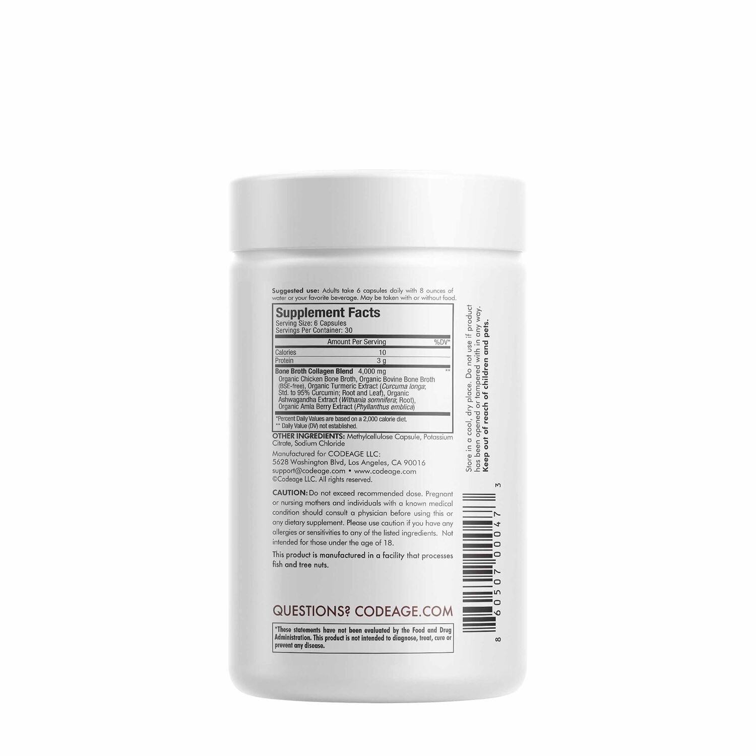 Peptide din colagen de Tipul I, II & III din fiertura de oase cu turmeric si ashwagandha, 180 capsule, Code Age Peptide din colagen de Tipul I, II & III din fiertura de oase cu turmeric si ashwagandha, 180 capsule, Code Age