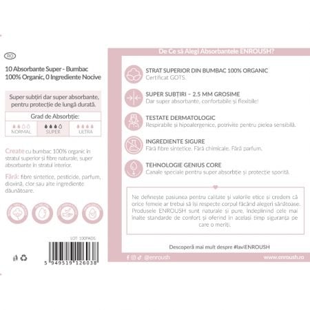Absorbante din bumbac organic Super, 10 bucati, Enroush
