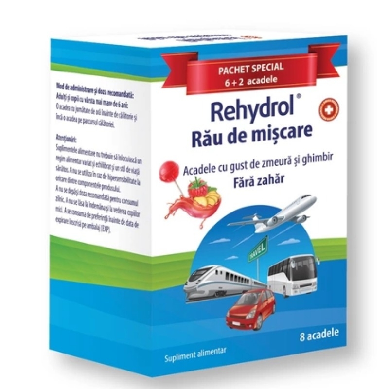 Acadele pentru rau de miscare cu zmeura si ghimbir Rehydrol, 6 + 2 acadele, MBA Pharma Acadele pentru rau de miscare cu zmeura si ghimbir Rehydrol, 6 + 2 acadele, MBA Pharma