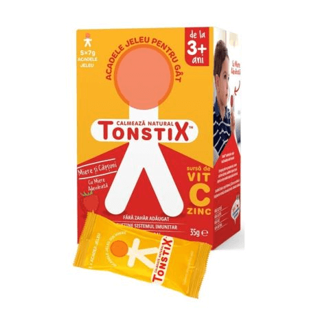 Acadele jeleu pentru gat cu miere si aroma de capsuni Tonstix, 5 x 7 g, Pharmaexcell Acadele jeleu pentru gat cu miere si aroma de capsuni Tonstix, 5 x 7 g, Pharmaexcell