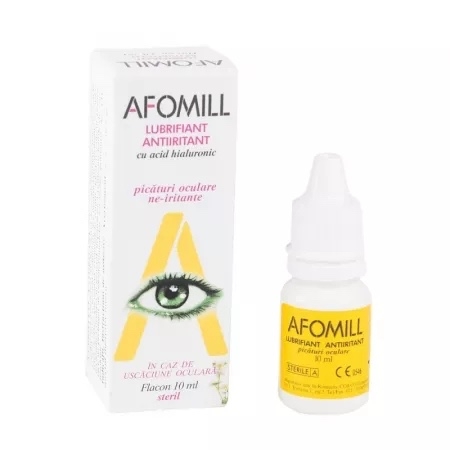 Picaturi oculare lubrifiante antiiritante cu acid hialuronic Afomill, 10 ml, Af United Picaturi oculare lubrifiante antiiritante cu acid hialuronic Afomill, 10 ml, Af United