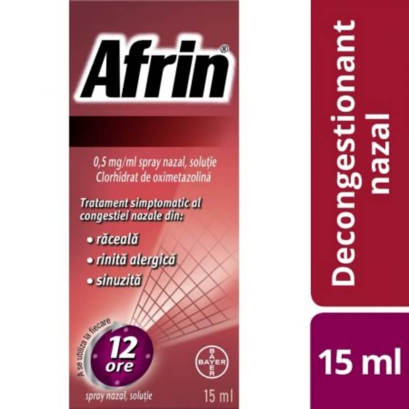 Afrin decongestionant nazal spray, 0,5 mg/ml, 15 ml, Bayer Afrin decongestionant nazal spray, 0,5 mg/ml, 15 ml, Bayer