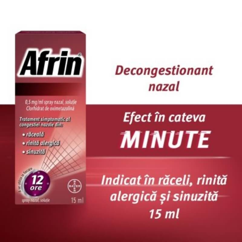 Afrin decongestionant nazal spray, 0,5 mg/ml, 15 ml, Bayer Afrin decongestionant nazal spray, 0,5 mg/ml, 15 ml, Bayer