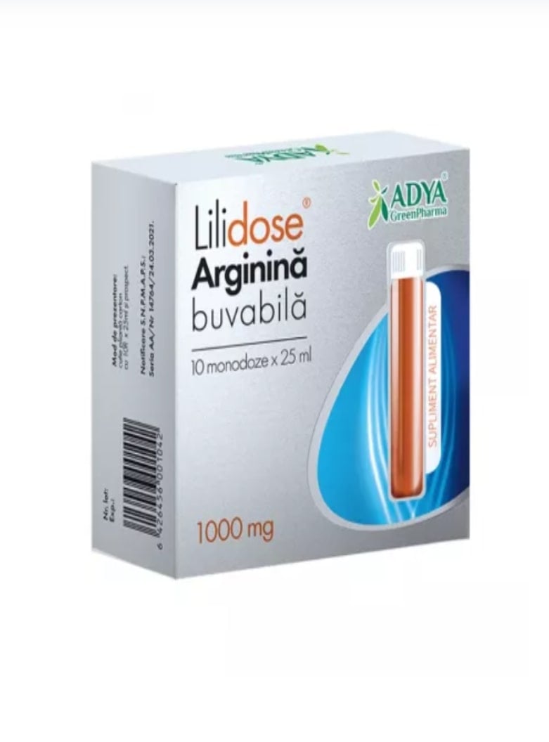 Arginina Buvabila 1000 mg Lilidose, 10 monodoze x 25 ml, Adya Green Pharma Arginina Buvabila 1000 mg Lilidose, 10 monodoze x 25 ml, Adya Green Pharma