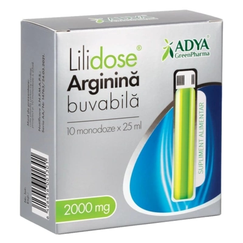 Arginina Buvabila 2000 mg aroma lime Lilidose, 10 monodoze x 25 ml, Adya Green Pharma Arginina Buvabila 2000 mg aroma lime Lilidose, 10 monodoze x 25 ml, Adya Green Pharma