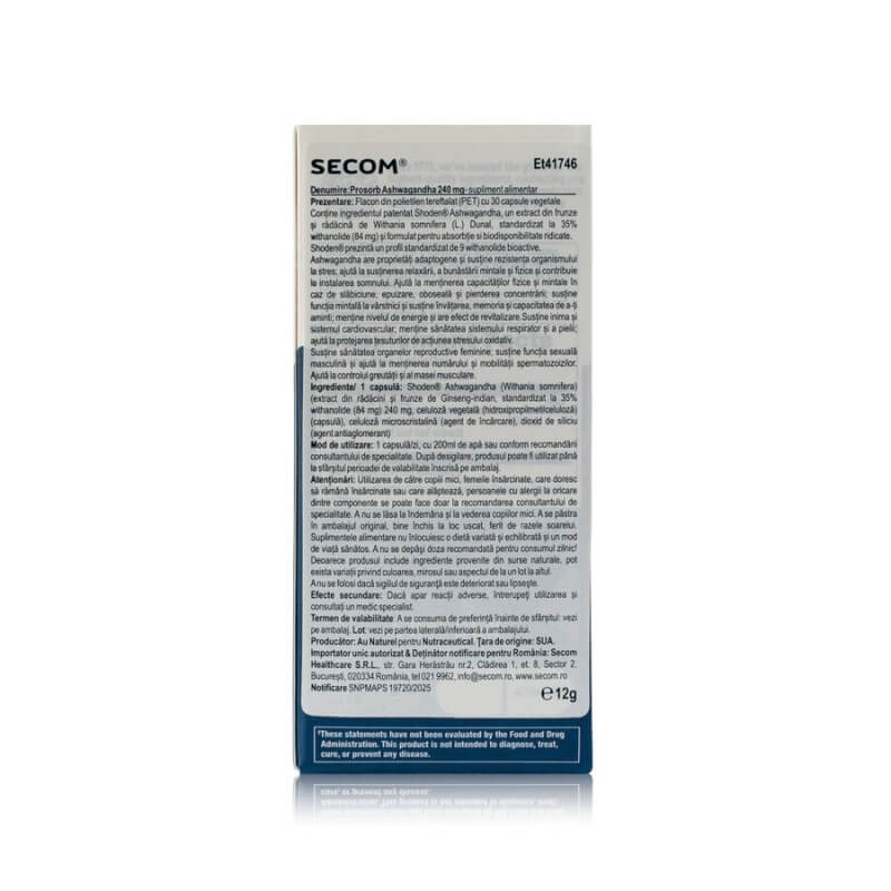 Ashwagandha Prosorb 240 mg Solaray, 30 capsule vegetale, Secom Ashwagandha Prosorb 240 mg Solaray, 30 capsule vegetale, Secom
